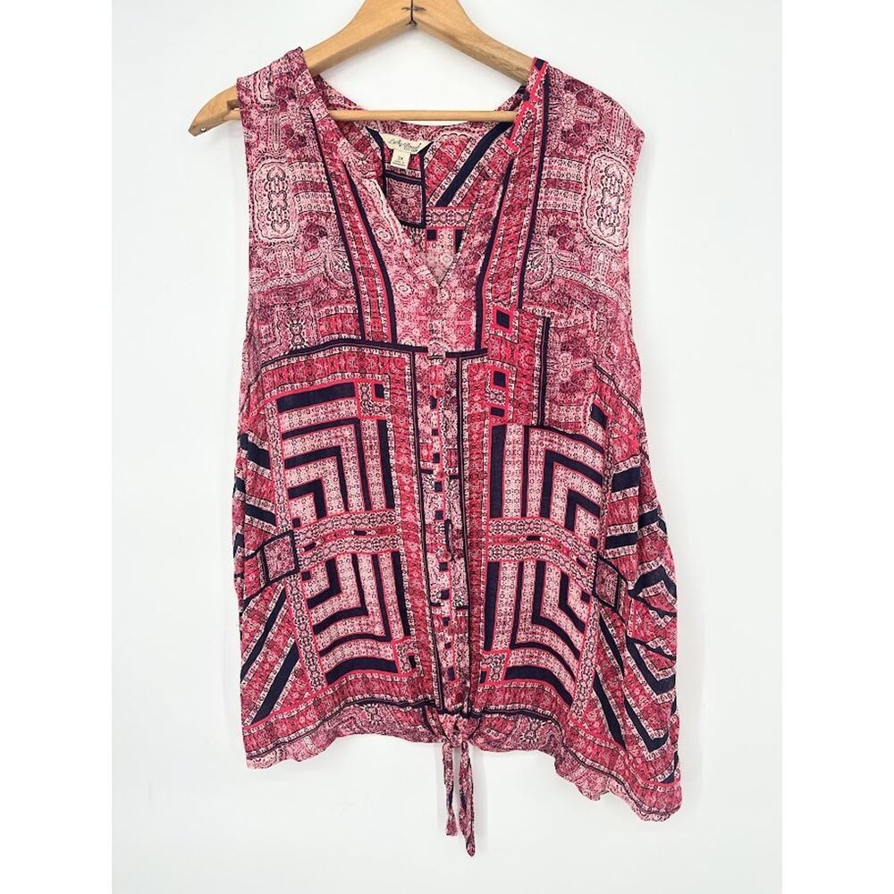 Lucky Brand Red Pink Top Womens Size 3X Tie Front Boho Flowy Button Sleeveless